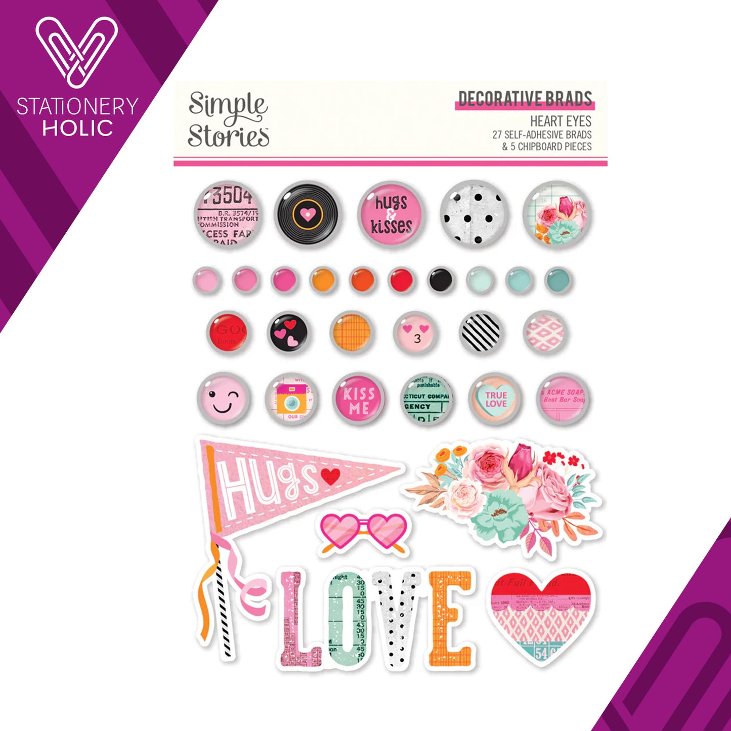 Simple Stories - Decorative Brads - Heart Eyes