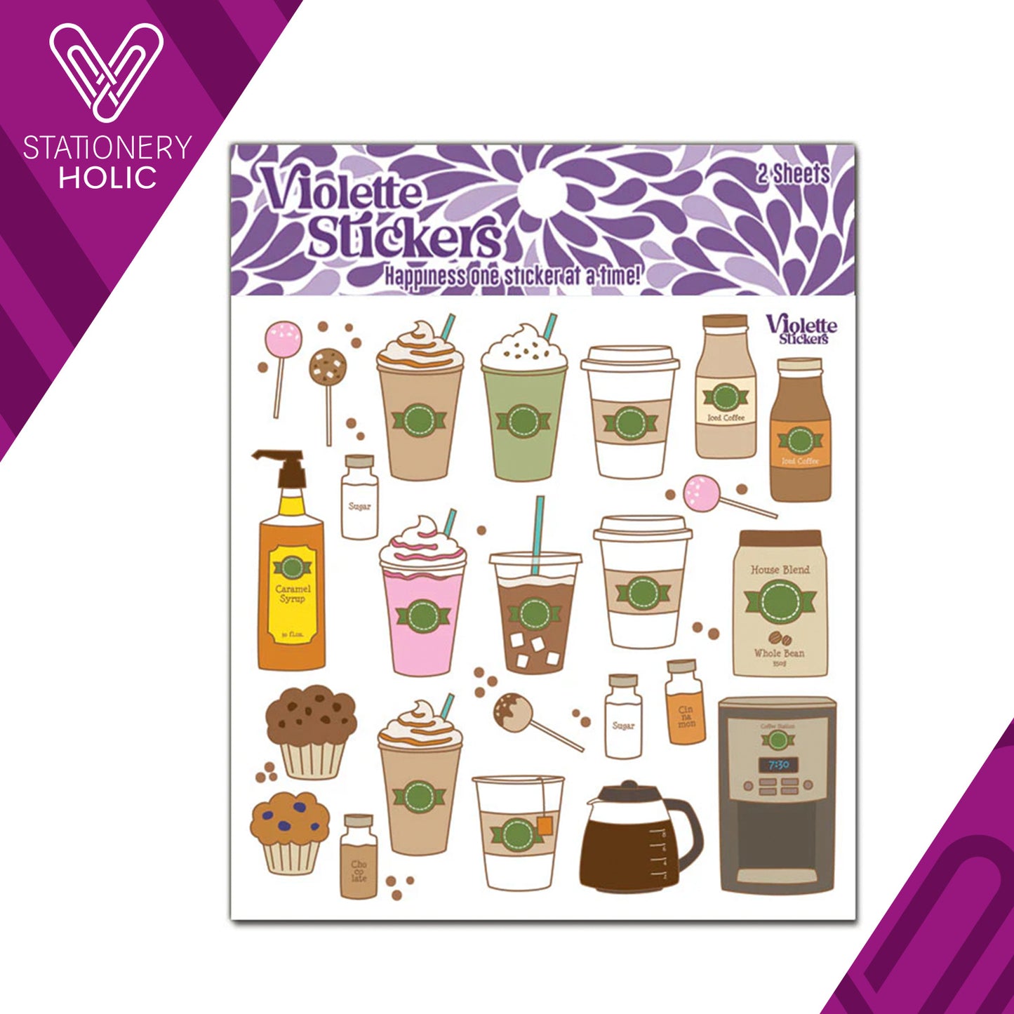 Violette Stickers - Stickers 4 x 4" (2 Hojas) - Coffee & Tea Treats