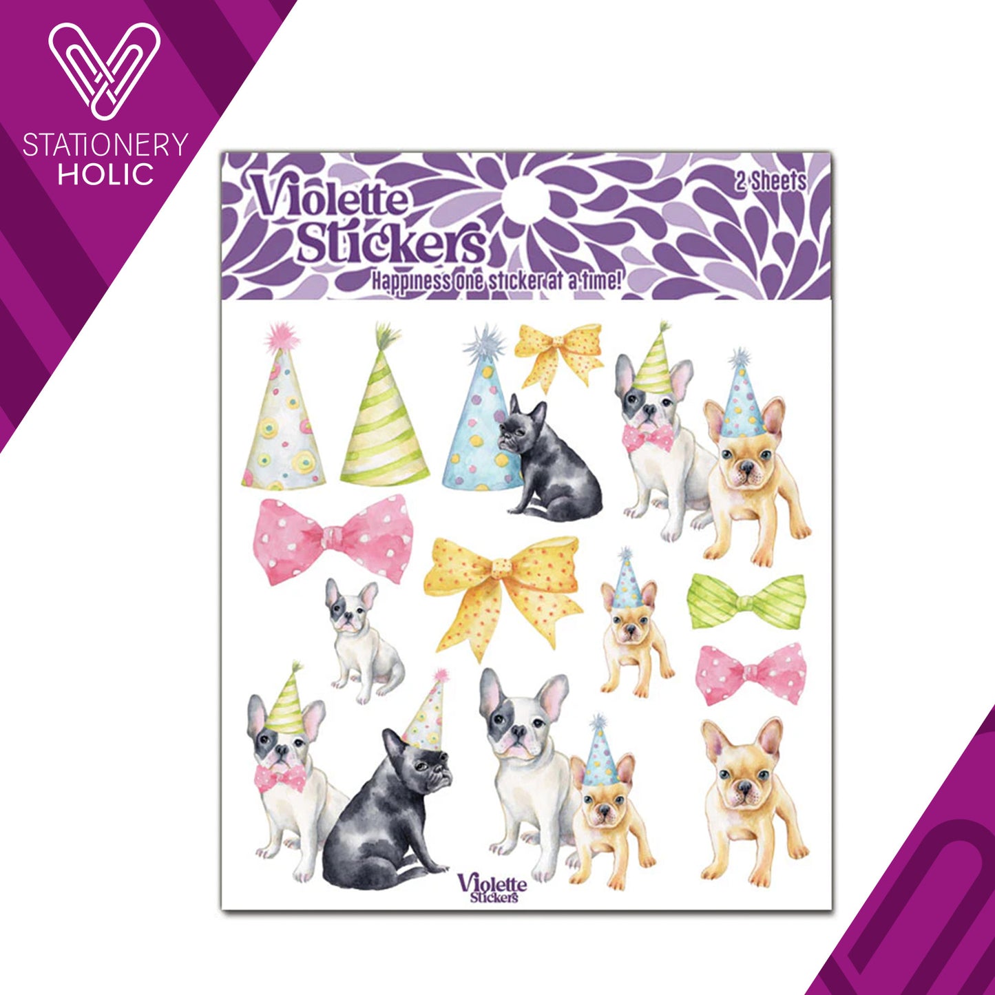 Violette Stickers - Stickers 4 x 4" (2 Hojas) - French Bulldog Birthday Party