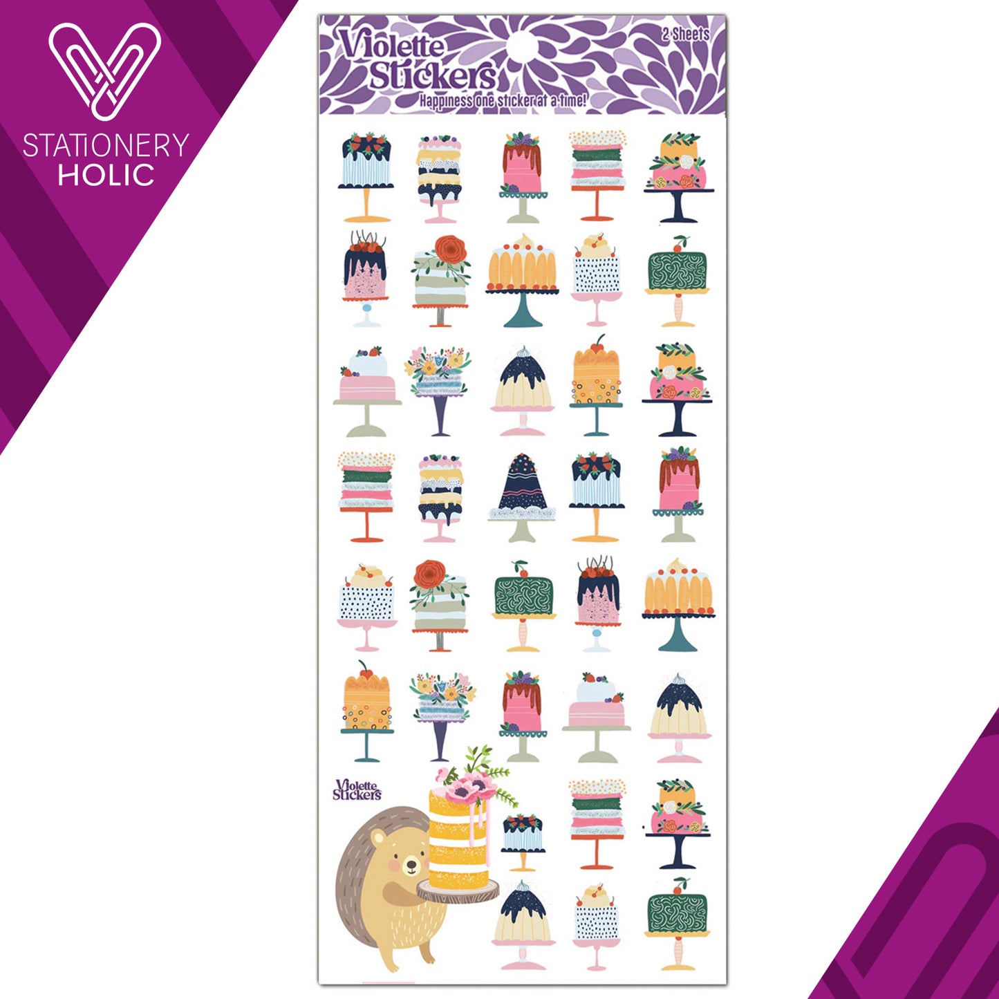 Violette Stickers - Stickers 4 x 8" (2 Hojas) - Mini Cakes with Hedgehog