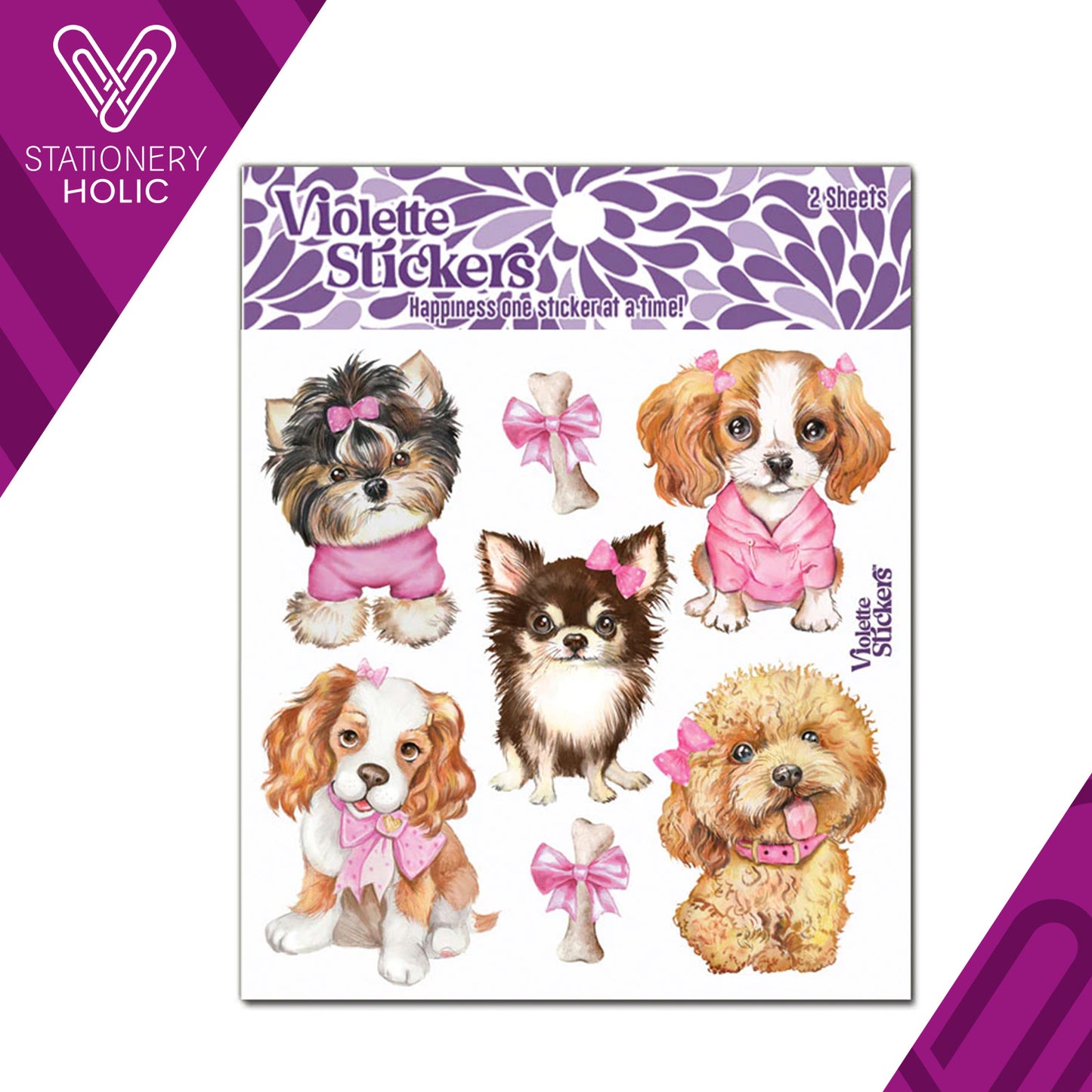 Violette Stickers - Stickers 4 x 4" (2 Hojas) - Pink Bows on Puppies