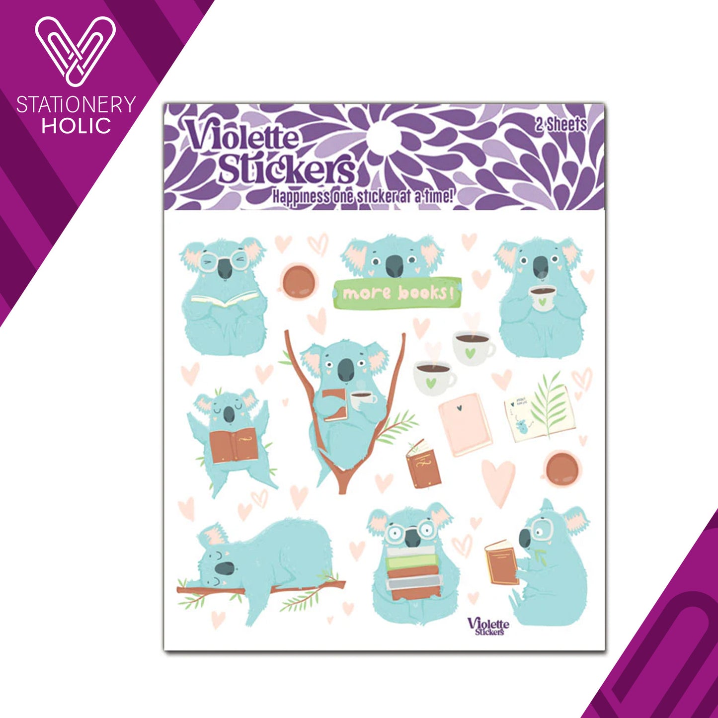 Violette Stickers - Stickers 4 x 4" (2 Hojas) - Reading Blue Koalas and Coffee