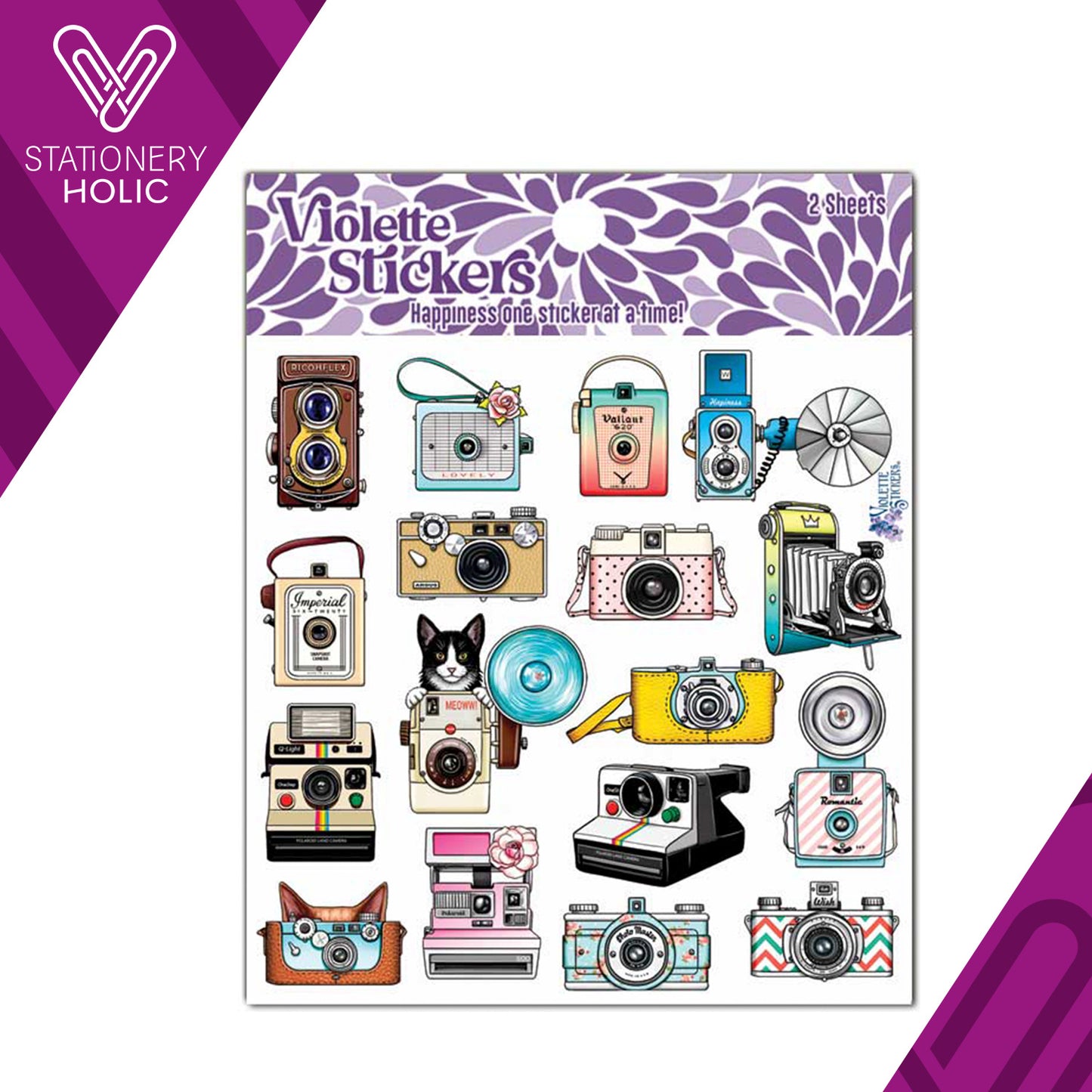 Violette Stickers - Stickers 4 x 4" (2 Hojas) - Retro Cameras with Cat