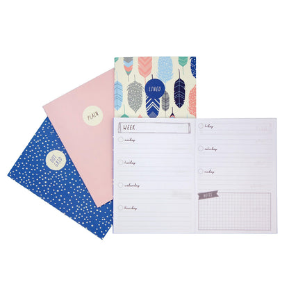 Carpe Diem - Travelers Bundle A6 - Feathers Notebook Cover, 4 pack notebooks, Gel Metal Pen