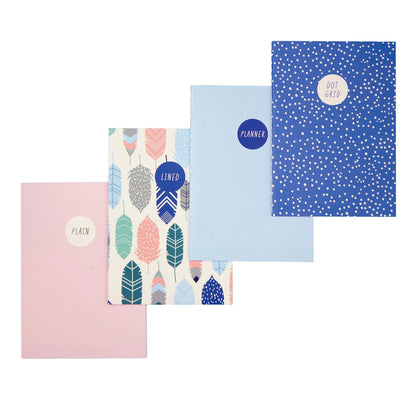 Carpe Diem - Travelers Bundle A6 - Feathers Notebook Cover, 4 pack notebooks, Gel Metal Pen