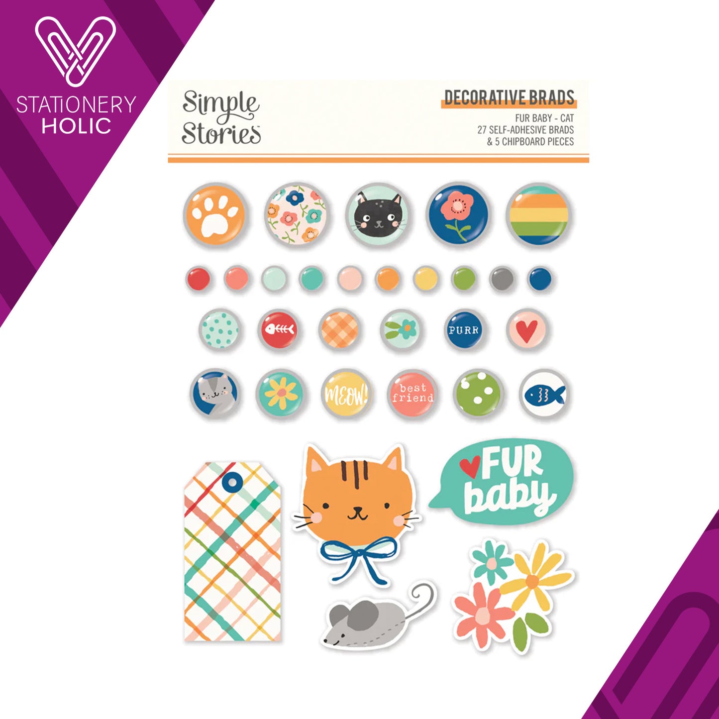 Simple Stories - Decorative Brads - Fur Baby Cat