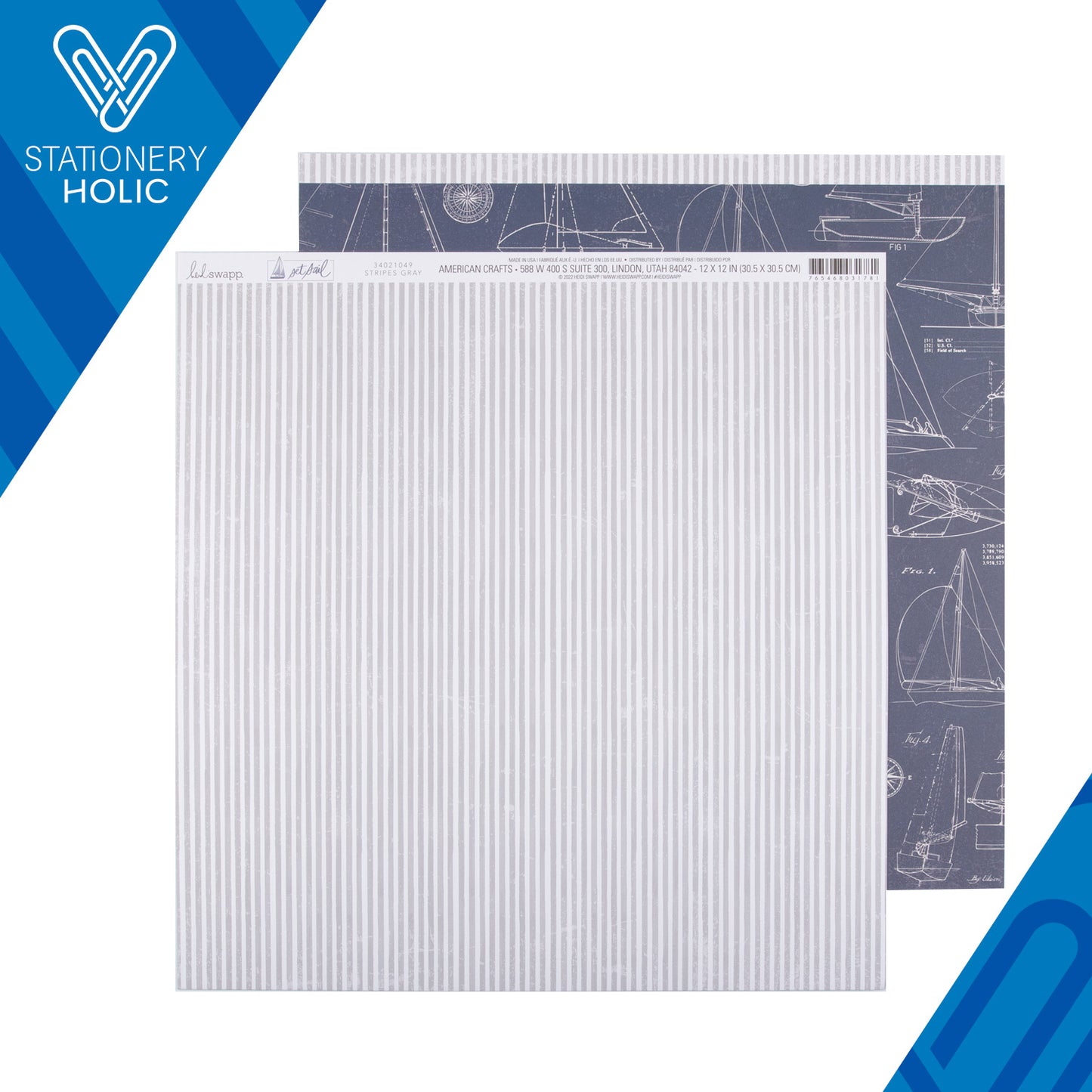 Heidi Swapp - Hoja de Papel 12 x 12 - Set Sail - Stripes Gray