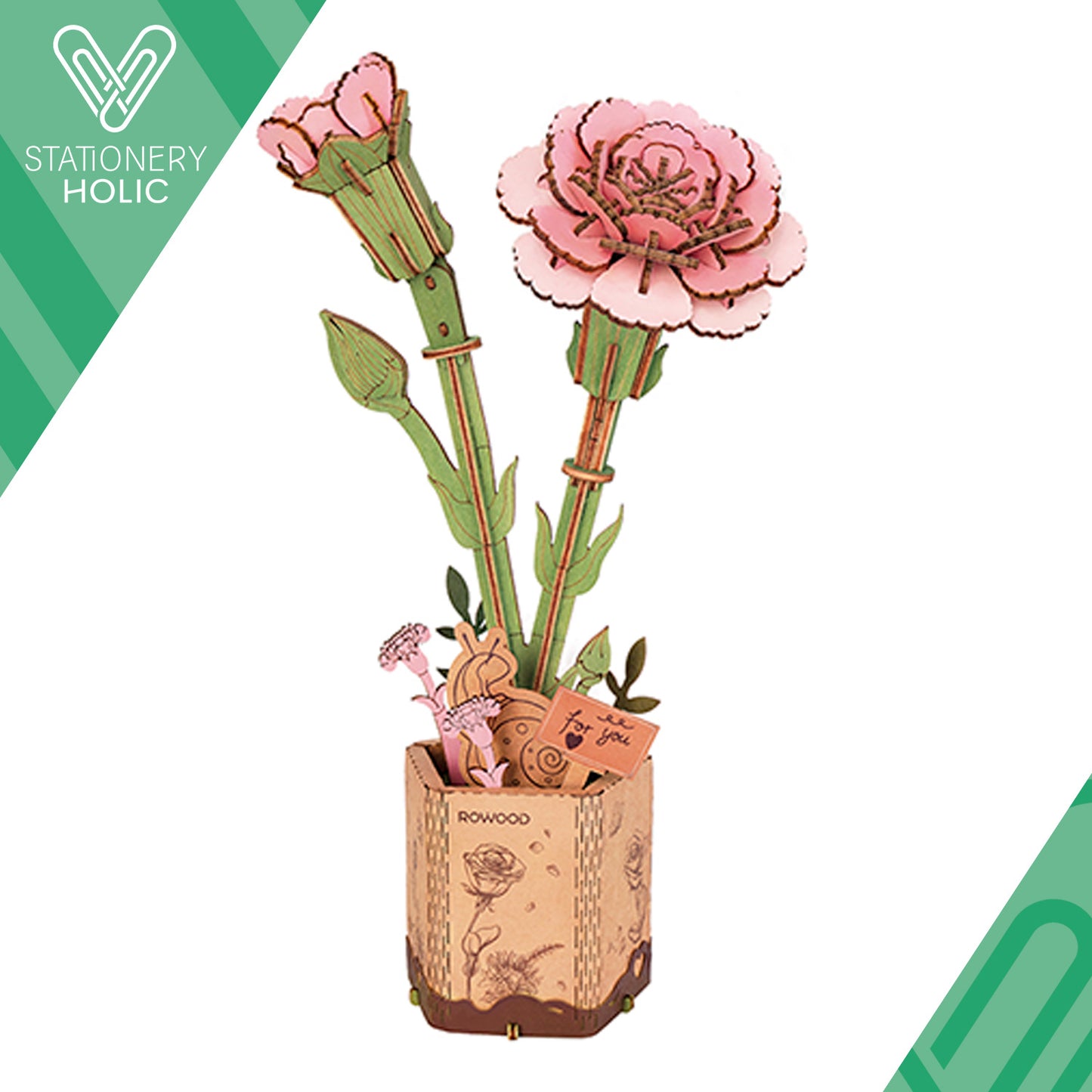 Robotime - Wooden Flowers - Pink Carnation