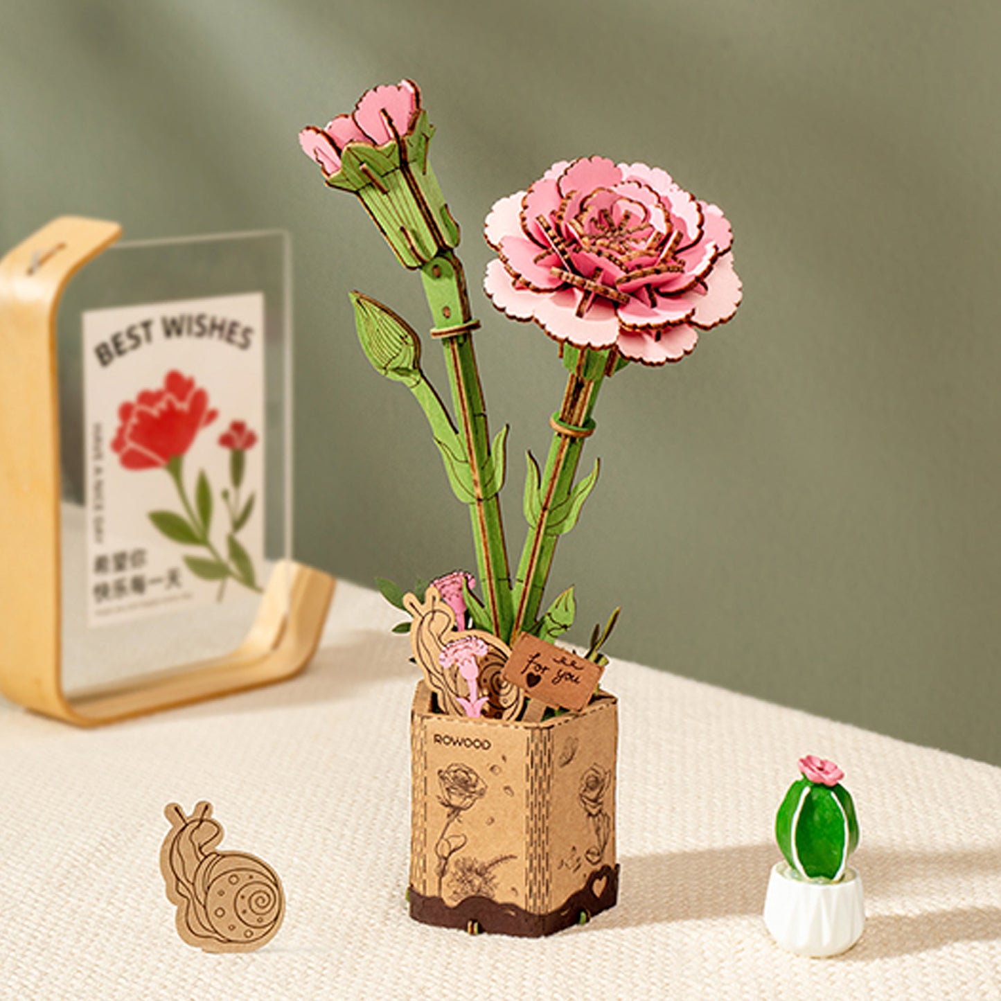 Robotime - Wooden Flowers - Pink Carnation