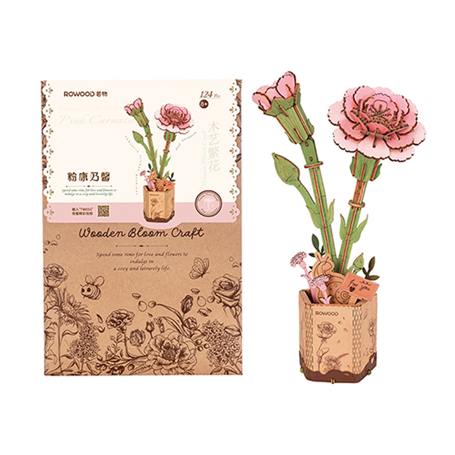 Robotime - Wooden Flowers - Pink Carnation