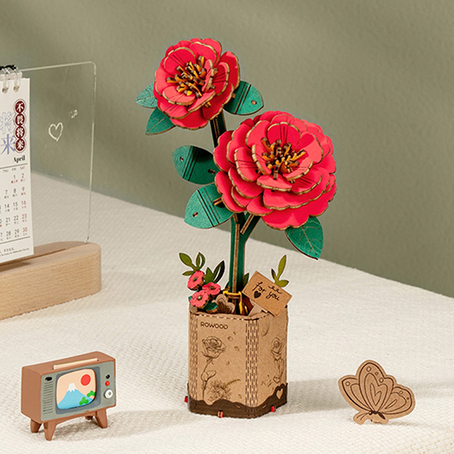 Robotime - Wooden Flowers - Red Camelia