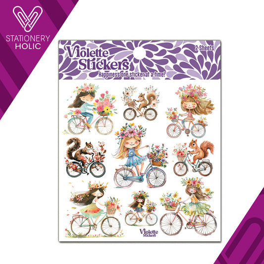 Violette Stickers - Stickers 4 x 4" (2 Hojas) - Girls and Squirrels on Bikes