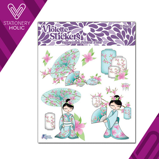 Violette Stickers - Stickers 4 x 4" (2 Hojas) - Kimono Girls with Cherry Blossoms
